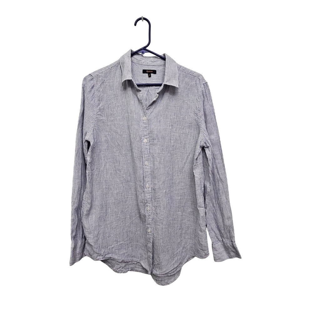 Quince Button Up Shirt Womens M Blue Pinstripe Linen Long Sleeve Classic Coastal